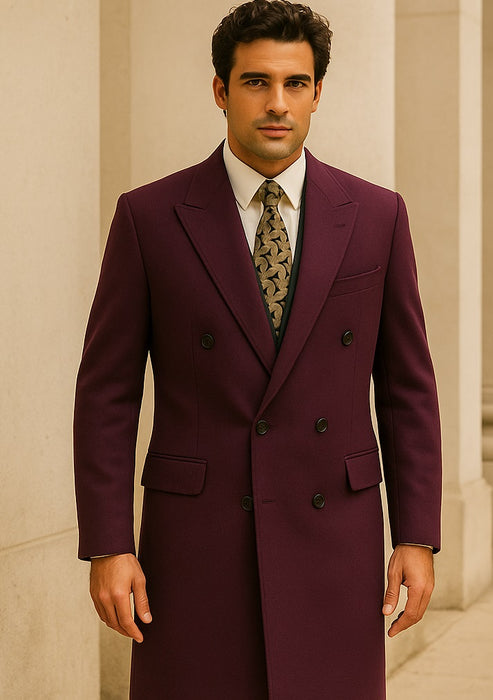 DBCoat Men's Wool Long Designer Men's Wool Men's Peacoat Sale Double Breasted Overcoat Style Full Length Burgundy