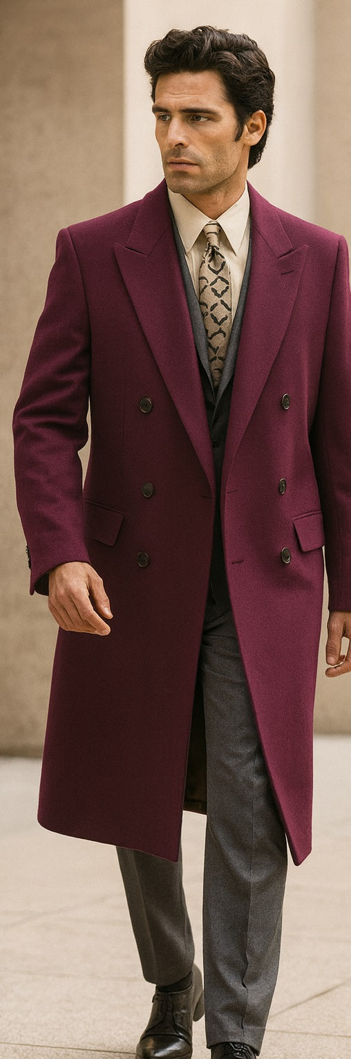DBCoat Men's Wool Long Designer Men's Wool Men's Peacoat Sale Double Breasted Overcoat Style Full Length Burgundy - Image 9