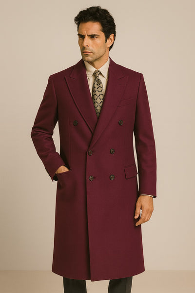 DBCoat Men's Wool Long Designer Men's Wool Men's Peacoat Sale Double Breasted Overcoat Style Full Length Burgundy