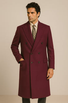 DBCoat Men's Wool Long Designer Men's Wool Men's Peacoat Sale Double Breasted Overcoat Style Full Length Burgundy