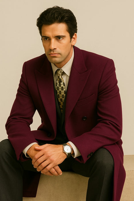 DBCoat Men's Wool Long Designer Men's Wool Men's Peacoat Sale Double Breasted Overcoat Style Full Length Burgundy