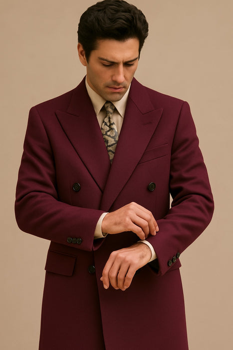 DBCoat Men's Wool Long Designer Men's Wool Men's Peacoat Sale Double Breasted Overcoat Style Full Length Burgundy