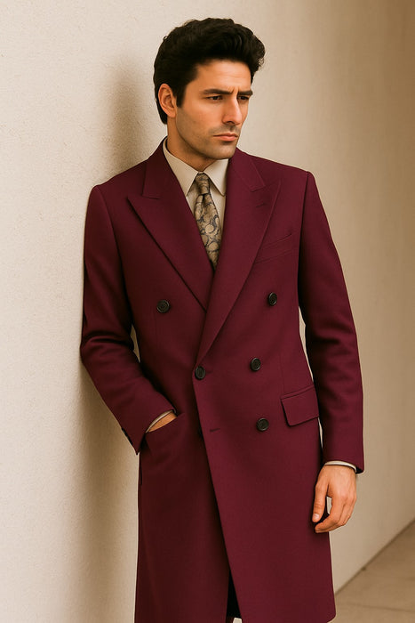 DBCoat Men's Wool Long Designer Men's Wool Men's Peacoat Sale Double Breasted Overcoat Style Full Length Burgundy