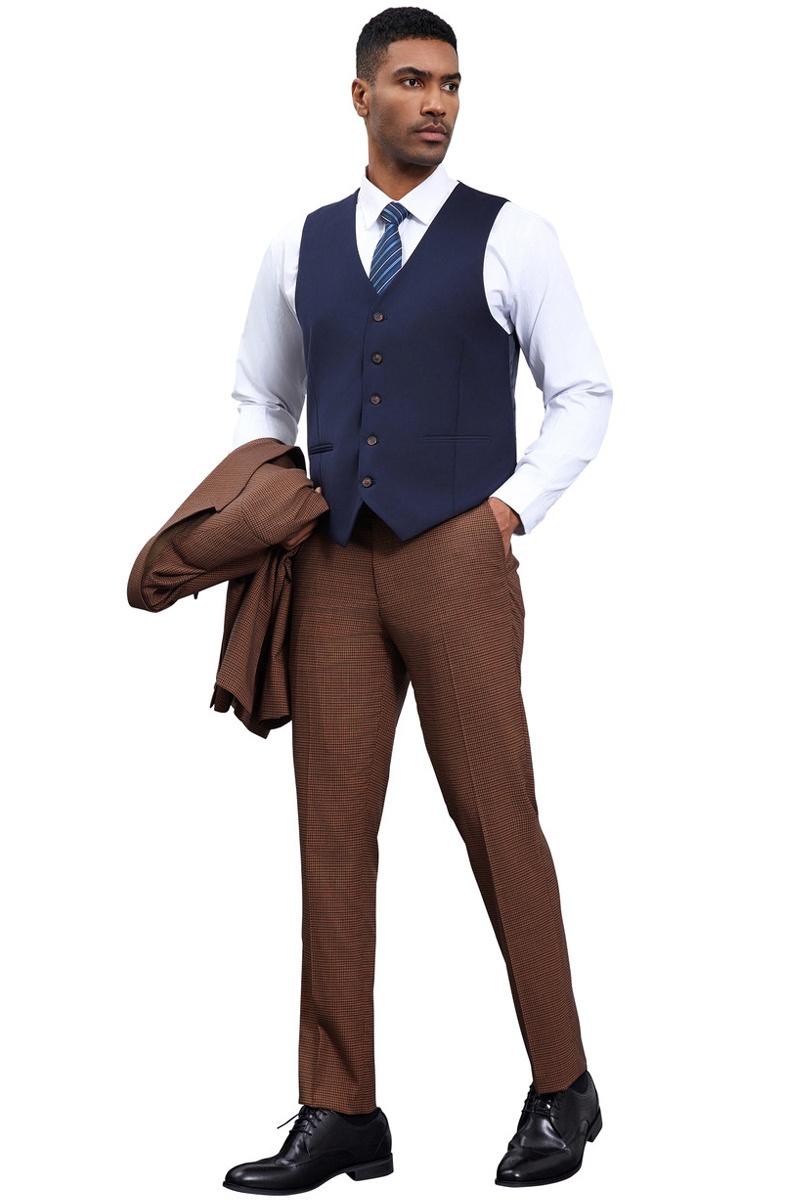Men's Stacy Adams One Button Peak Lapel Vested Micro Check in Cognac Brown with a Navy Vest - Image 4