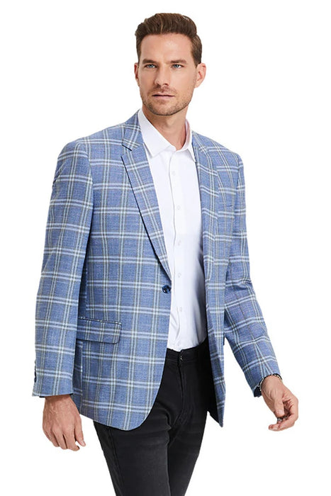 Saco vaquero - Western Sport Coat - Western Blazer- Men's Two Button Business Casual Double Windowpane Sport Coat In Blue