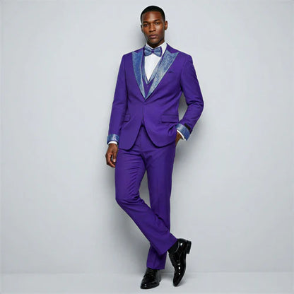 Mardi Gras Tuxedo Suit Purple Peak Lapel Tuxedo with Stones – 4 Piece Set