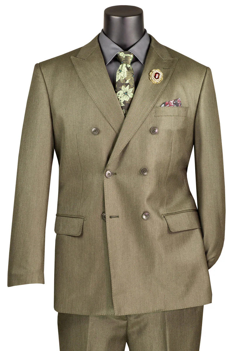Mens Double Breasted Sharkskin Suit in Dusty Olive Green Modern Fit