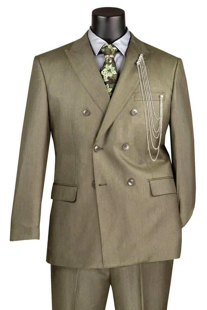 Mens Double Breasted Sharkskin Suit in Dusty Olive Green Modern Fit