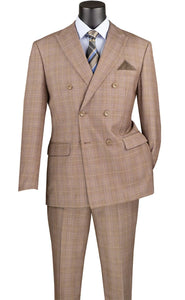 Alexander Collection - Tan Double Breasted 2 Piece Suit Regular Fit Glen Plaid