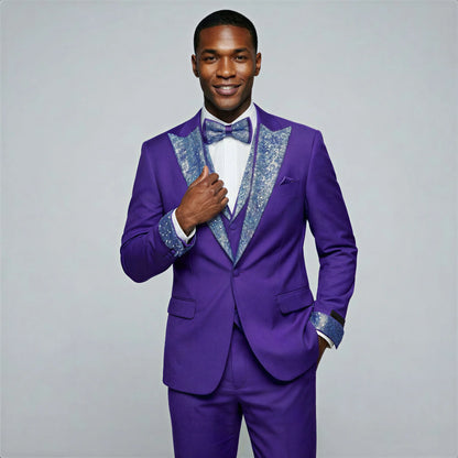Mardi Gras Tuxedo Suit Purple Peak Lapel Tuxedo with Stones – 4 Piece Set