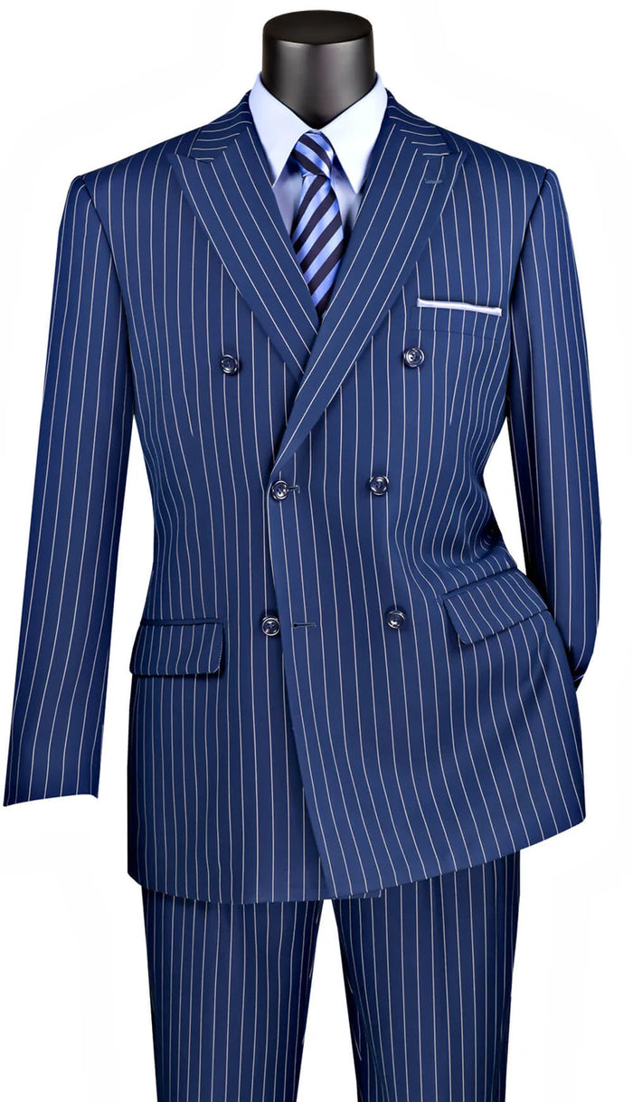 Rockefeller Collection - Double Breasted Stripe Suit Blue Regular Fit 2 Piece Modern Fit