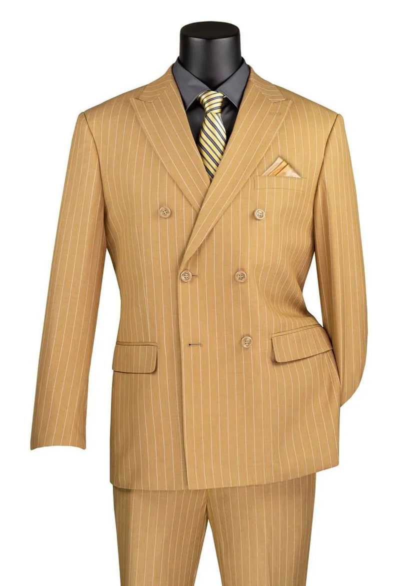 Rockefeller Collection - Double Breasted Stripe Suit Camel Regular Fit 2 Piece Modern Fit
