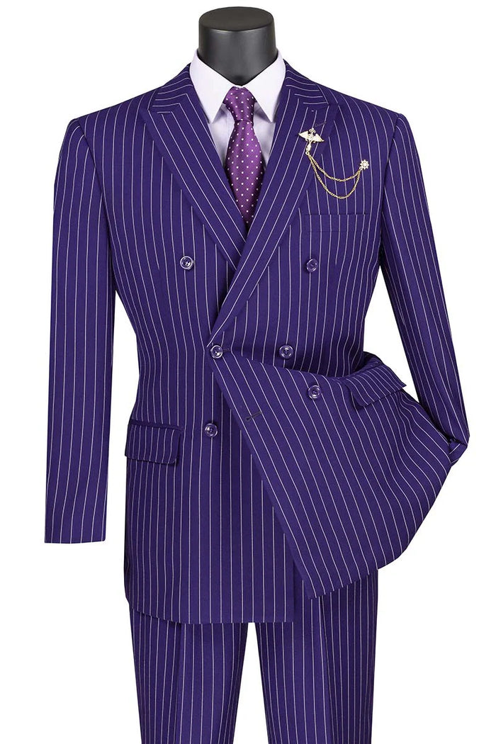 Rockefeller Collection - Double Breasted Stripe Suit Purple Regular Fit 2 Piece Modern Fit