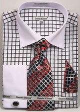 Daniel Ellissa Black Checked Pattern Two Tone French Cuff White Collar Big and Tall Sizes Two Toned Contrast 18 19 20 21 22 Inch Neck Men's Dress Shirt