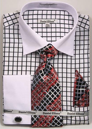 Daniel Ellissa Black Checked Pattern Two Tone French Cuff White Collar Big and Tall Sizes Two Toned Contrast 18 19 20 21 22 Inch Neck Men's Dress Shirt