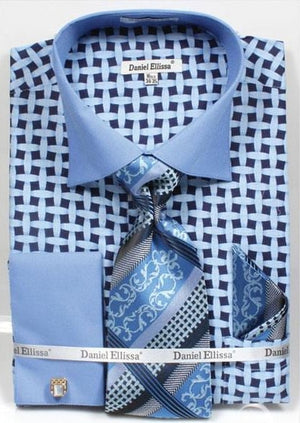 Daniel Ellissa Blue Bright Net Pattern Two Tone French Cuff Shirt Big and Tall Sizes Two Toned Contrast 18 19 20 21 22 Inch Neck Men's Dress Shirt