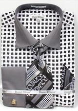 Daniel Ellissa Bright Black/White Net Pattern Two Tone French Cuff Big and Tall Sizes Black Collar Two Toned Contrast 18 19 20 21 22 Inch Neck Men's Dress Shirt