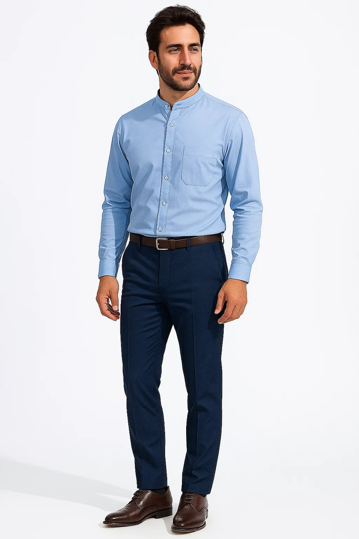Daniel Ellissa Poly-Cotton Blend Banded Collar Light Blue fashion Dress collarless Men's Dress Shirt - Image 2