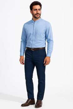Daniel Ellissa Poly-Cotton Blend Banded Collar Light Blue fashion Dress collarless Men's Dress Shirt - Image 2