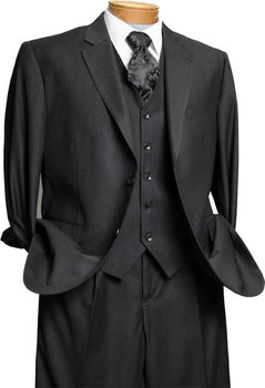 Men's 3 Piece Black On Black Shadow Stripe Tone on Tone Stripe ~ Pinstripe Pattern Italian Design Suit