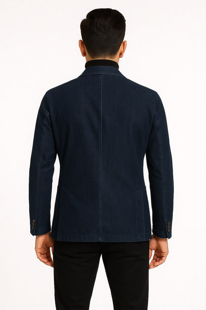 Mens Dark Blue Denim Casual Blazer with Notch Lapel and Single Button Closure - Image 2