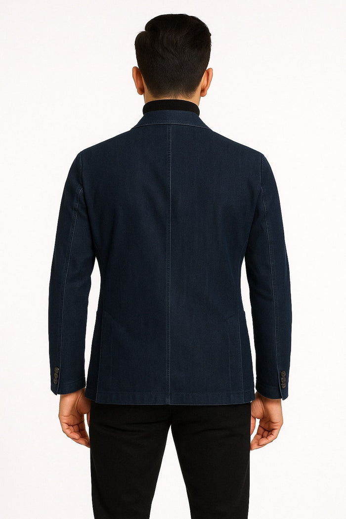Mens Dark Blue Denim Casual Blazer with Notch Lapel and Single Button Closure - Image 2