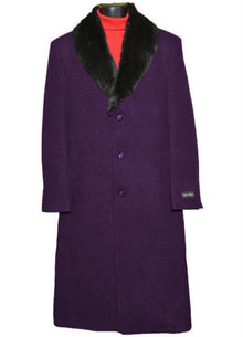 Men's (Removable) Dress Coat Fur Collar Dark Purple 3 Button Overcoat ~ Long Men's Dress Topcoat -  Winter Coat Fabric Also - Three Quarter 34 inch length