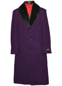 Men's (Removable) Dress Coat Fur Collar Dark Purple 3 Button Overcoat ~ Long Men's Dress Topcoat - Winter Coat Fabric Also - Three Quarter 34 inch length