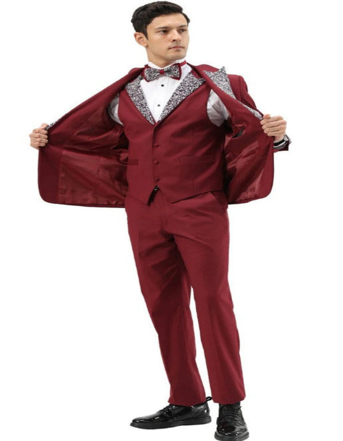 Dark Red - Maroon Wine Prom Tuxedo - Perfect Wedding Suit Vested rhinestone sequin Lapelled - Image 2