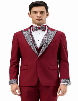 Dark Red - Maroon Wine Prom Tuxedo - Perfect Wedding Suit Vested rhinestone sequin Lapelled