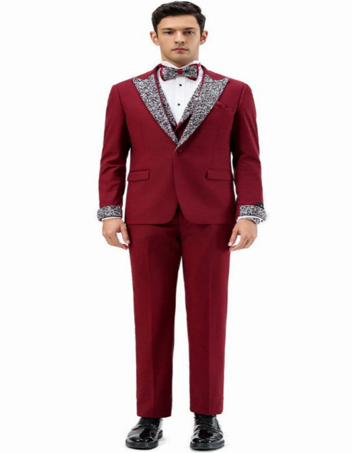 Dark Red - Maroon Wine Prom Tuxedo - Perfect Wedding Suit Vested rhinestone sequin Lapelled - Image 3
