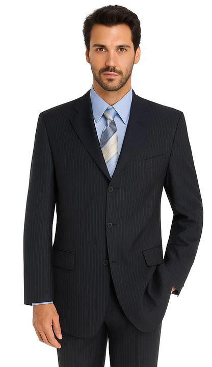 Cheap Priced Men'S Dress Suit For Sale Normal Pinstripe 2or3or4 Button Style Light Weight On Sale Dark Blue Suit - Image 2