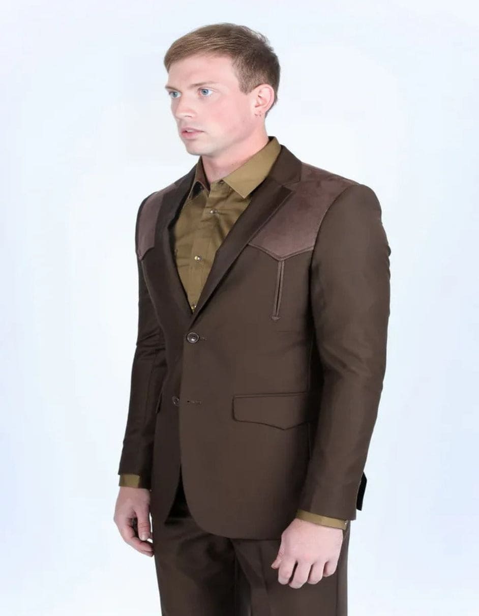 Men's Western Dark Brown Suit Sport Coat with Suede Yokes and Elbow Patches - Traje Para Hombre - Image 2