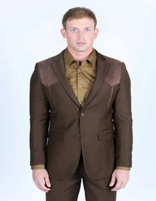 Men's Western Dark Brown Suit Sport Coat with Suede Yokes and Elbow Patches - Traje Para Hombre