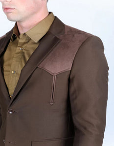 Men's Western Dark Brown Suit Sport Coat with Suede Yokes and Elbow Patches - Traje Para Hombre