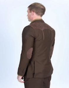 Men's Western Dark Brown Suit Sport Coat with Suede Yokes and Elbow Patches - Traje Para Hombre