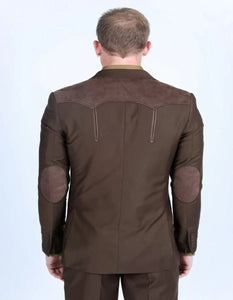 Men's Western Dark Brown Suit Sport Coat with Suede Yokes and Elbow Patches - Traje Para Hombre