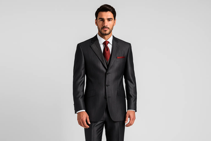 Ticket Pocket 3 Button Peak Lapel Dark Gray Sharkskin Shiny Metallic Jacket & Pants Cheap Priced Business Suits Clearance Sale