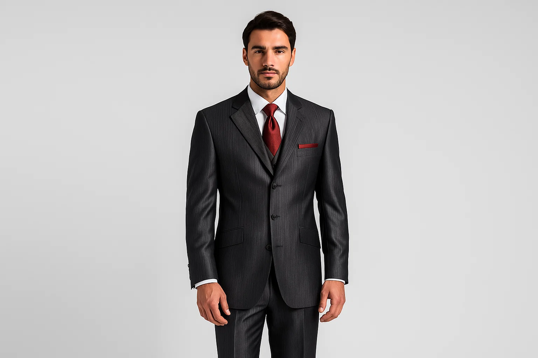 Ticket Pocket 3 Button Peak Lapel Dark Gray Sharkskin Shiny Metallic Jacket & Pants Cheap Priced Business Suits Clearance Sale