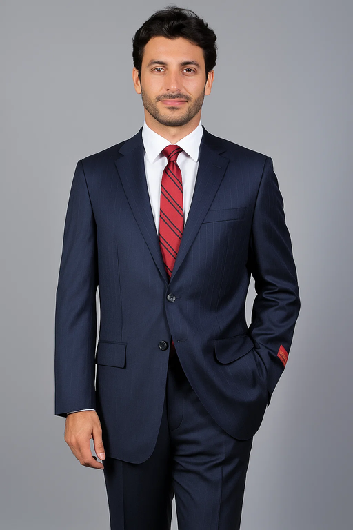 Mantoni Suit - Signature Menswear Wool Fabric SuitsOutlet - Brand Men's Pinstripe Dark Navy Blue Suit For Men 2-button Suit - High End Suits - High Quality Suits