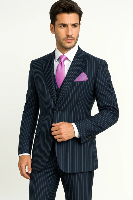 Sharp Cheap Priced Men'S Dress Suit For Sale 3 Buttons Style Dark Navy Pinstripes Light Weight On Sale Dark Blue Suit