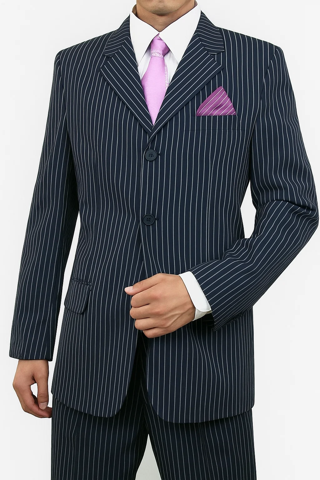 Sharp Cheap Priced Men's Dress Suit For Sale 3 Button Style Dark Navy Pinstripe Light Weight Dark Blue Suit