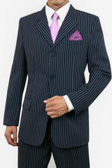 Sharp Cheap Priced Men's Dress Suit For Sale 3 Button Style Dark Navy Pinstripe Light Weight Dark Blue Suit