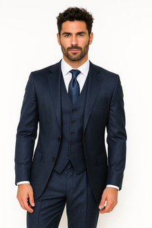 2BV Men's 3 Piece Dark Navy blue Suit For Men Mini Pinstripe ~ Stripe Conservative Italian Design Suit Vested Side Vent Flat Front Pants