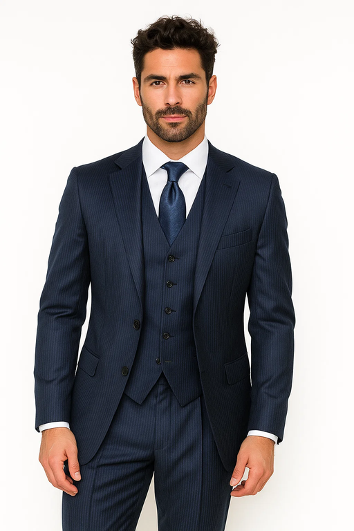 2BV Men's 3 Piece Dark Navy blue Suit For Men Mini Pinstripe ~ Stripe Conservative Italian Design Suit Vested Side Vent Flat Front Pants