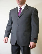 Three Button Suit - Classic Fit Pleated Pants - Men's Basic Three Button Poplin Dark Grey Suit