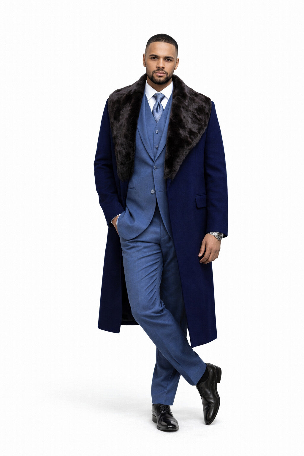 Dark Navy Blue Overcoat ~ Long Men's Dress Topcoat -  Winter coat With Fur Collar in and Fabric - Image 7