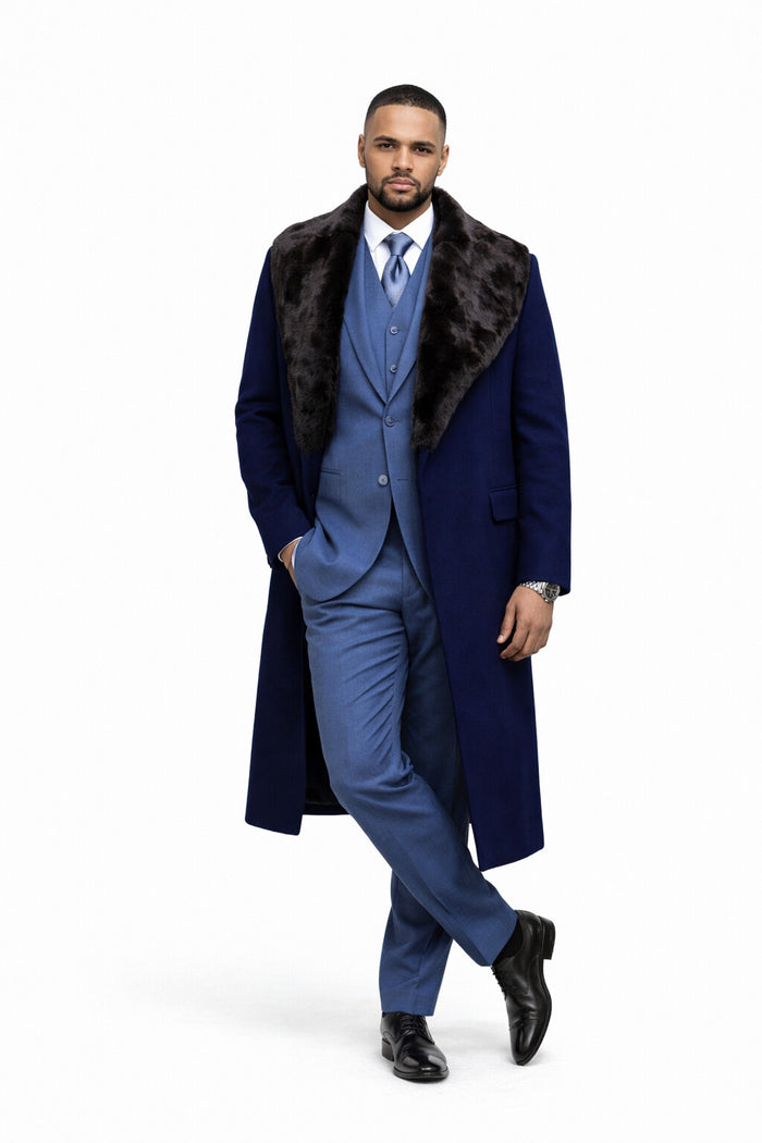 Dark Navy Blue Overcoat ~ Long Men's Dress Topcoat -  Winter coat With Fur Collar in and Fabric - Image 7
