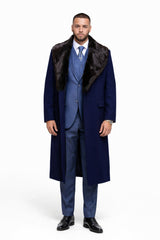 Dark Navy Blue Overcoat ~ Long Men's Dress Topcoat -  Winter coat With Fur Collar in and Fabric