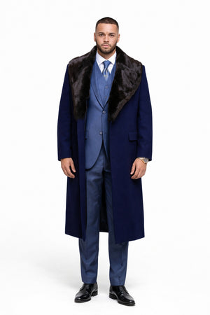 Dark Navy Blue Overcoat ~ Long Men's Dress Topcoat -  Winter coat With Fur Collar in and Fabric